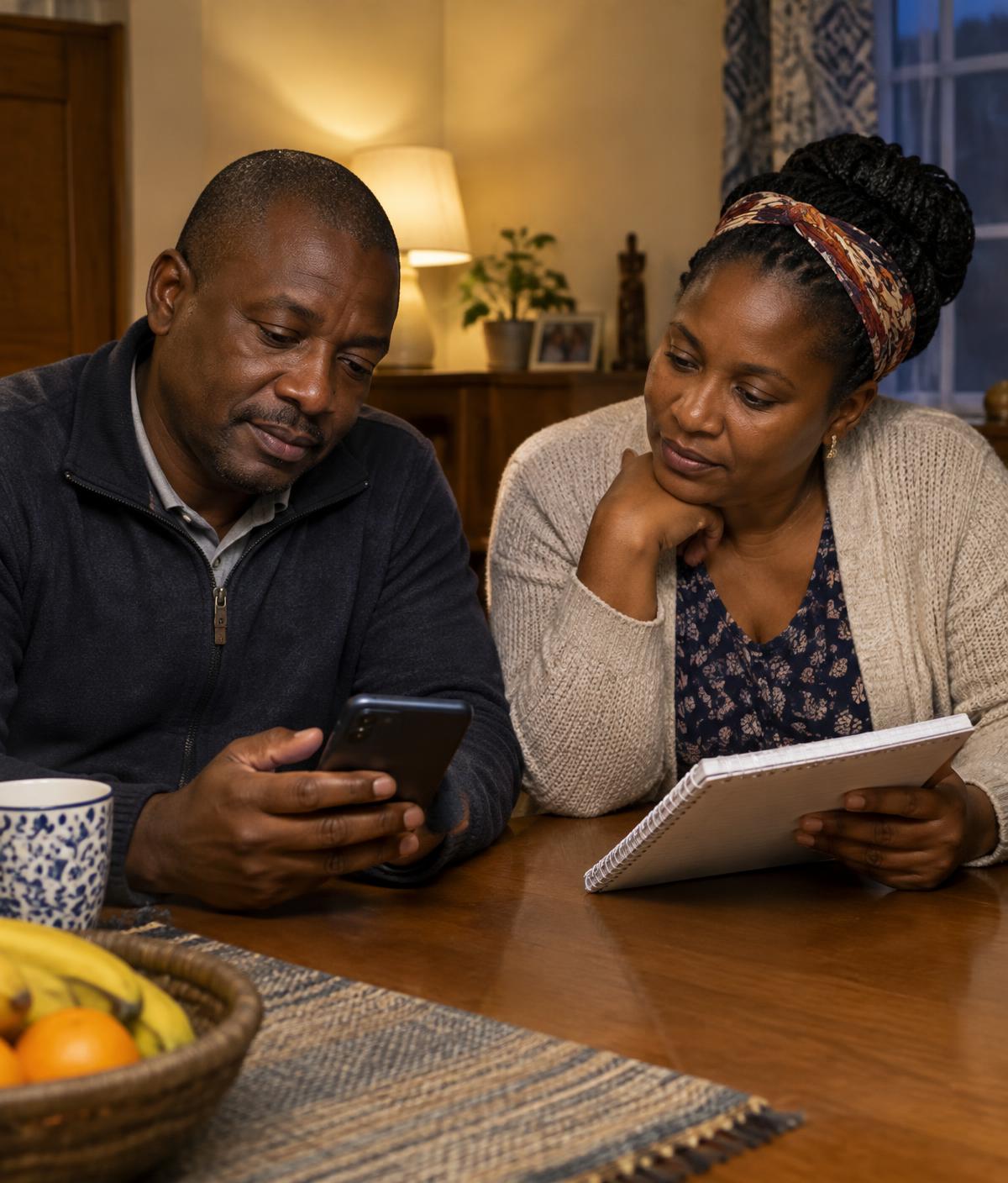 Kenyan family at home reviewing household costs
