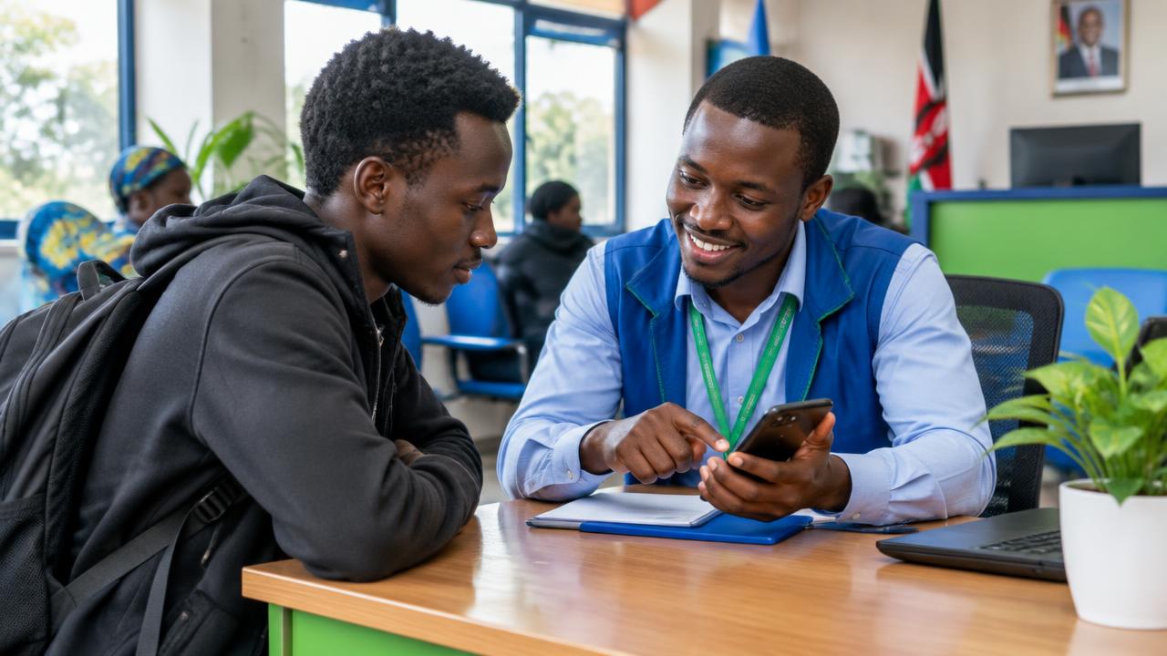 A help desk assistant showing a young man something on a phone