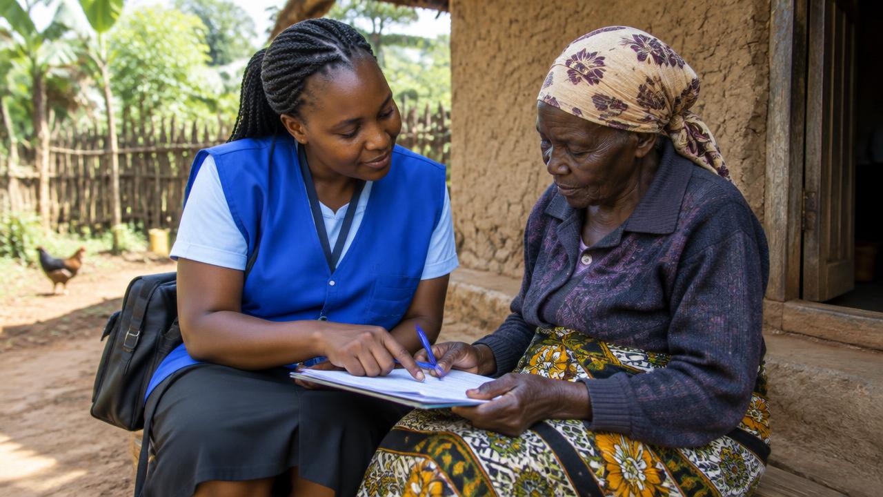 A community health worker helping an elderly woman with paperwork outside her home
